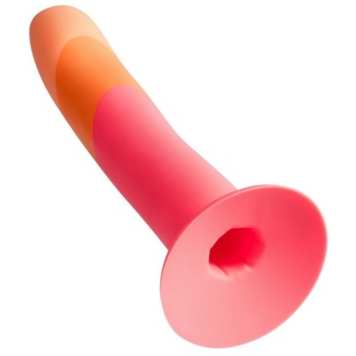 Vibrador laranja e cor-de-rosa em silicone com base larga