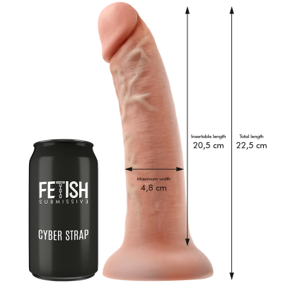 Dildo de silicone cor pele com descrição das medidas e lata preta FETISH SUBMISSIVE CYBER STRAP