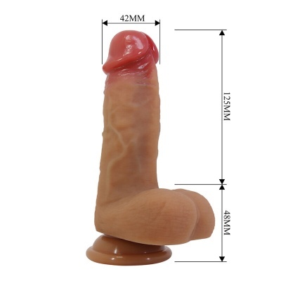 Dildo realístico cor de pele com base e medidas indicadas em milímetros.
