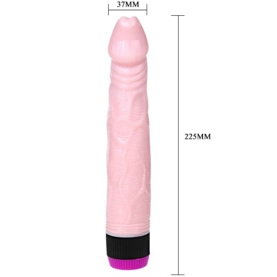Vibrador de silicone cor de pele com base preta e botão roxo