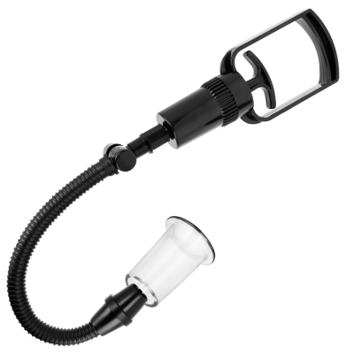 Bomba manual com mangueira preta e copo transparente