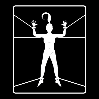 Ilustração estilizada de figura feminina algemada e presa por cordas em fundo preto