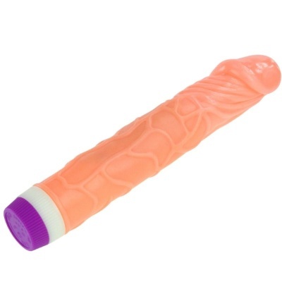 Vibrador silicone cor de pele com base roxa e branca e textura realista