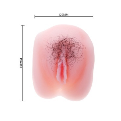 Produto em silicone cor-de-rosa com pelos pretos e formato anatómico