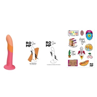 Vibrador em silicone rosa e laranja com manuais e autocolantes coloridos.
