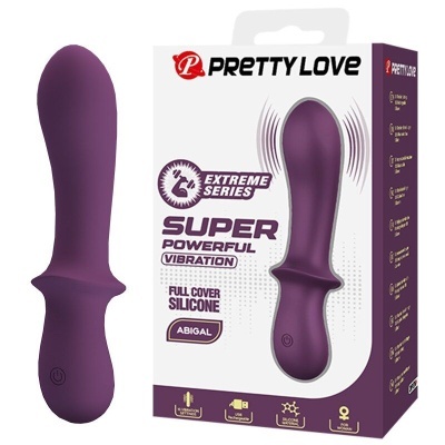 Vibrador roxo em silicone e embalagem da marca PRETTY LOVE