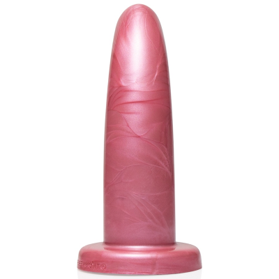 Dildo rosa metálico com textura de veias e base larga