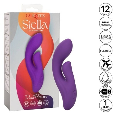 Vibrador roxo de silicone com embalagem CALEXOTICS Stella e ícones de funcionalidades
