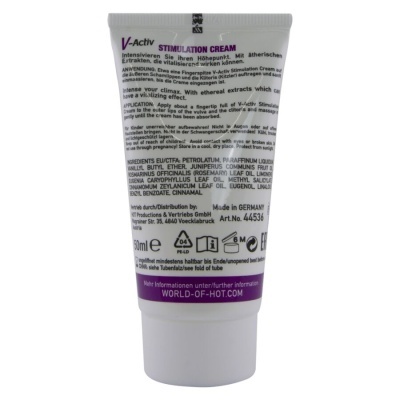 Tubo branco de creme estimulante V-Activ Stimulation Cream com texto em inglês e alemão