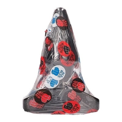 Selim de bicicleta preto embalado em plástico com padrão de pegadas coloridas e texto