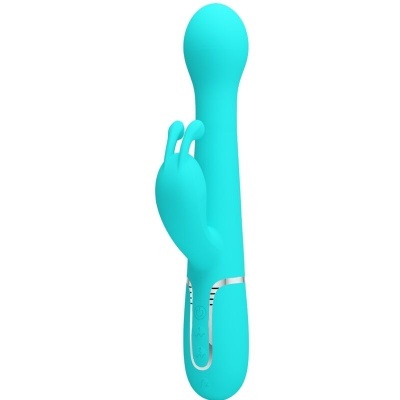 Vibrador azul turquesa com duas extensões e detalhe prateado na base