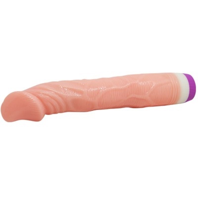 Vibrador de silicone cor de pele com base branca e anel roxo sobre fundo branco