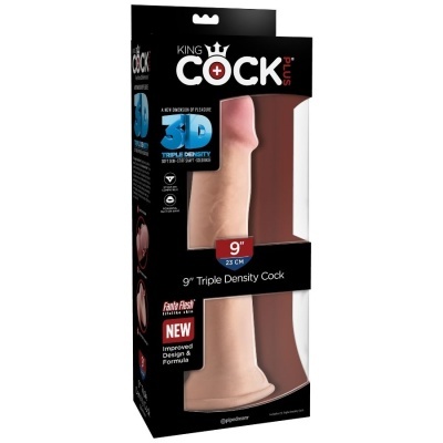 dildo KING COCK PLUS 23 cm na embalagem preta com texto colorido