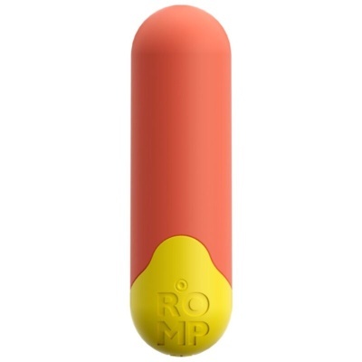 Produto em forma de cápsula salmão e amarelo com texto RÔ MP