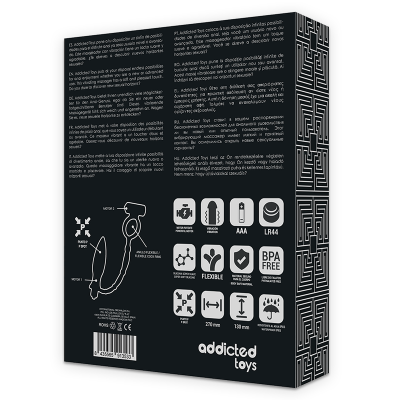 Embalagem preta de produto Addicted Toys com texto branco e ícones informativos.