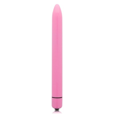 Vibrador cilíndrico rosa com base arredondada em fundo branco