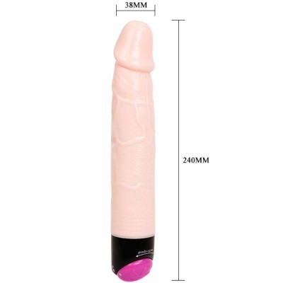 Vibrador cor pele com base preta e botão rosa e medidas 240MM por 38MM.