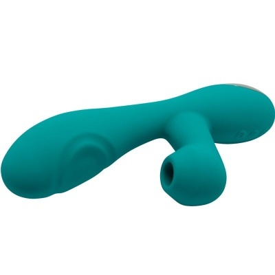 Vibrador verde-azulado de silicone com dois braços e textura lisa