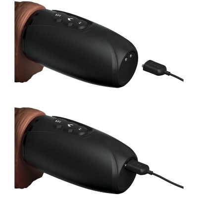 Dispositivo eletrônico preto cilíndrico com controles e cabo USB