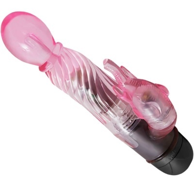 Vibrador cor-de-rosa translúcido com texturas e base preta