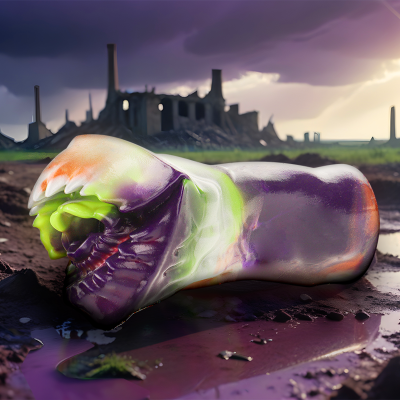 Brinquedo colorido de silicone com textura brilhante e fundo de ruínas industriais