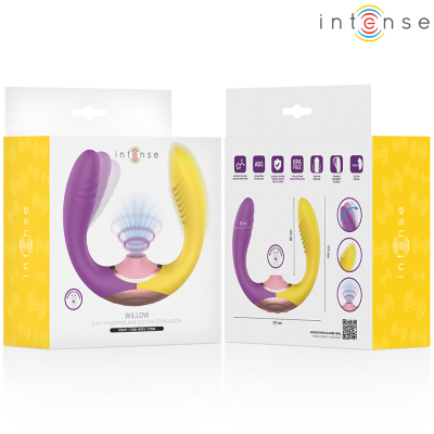 Embalagem de estimulador sexual em U com cores roxo e amarelo e texto Intense