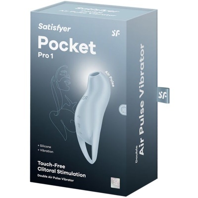 Embalagem do vibrador Satisfyer Pocket Pro 1 azul clara com texto branco