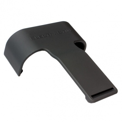 Peça plástica preta com inscrição ELEKTRACUTTER em fundo branco