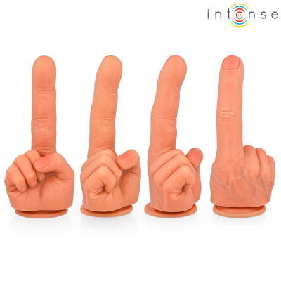 Quatro dedos médios de silicone realistas com unhas cor de pele, base redonda e fundo branco