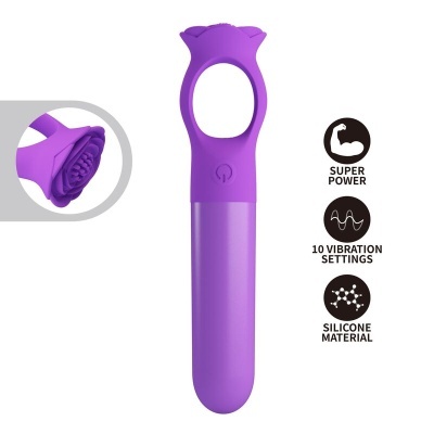 Vibrador roxo em silicone com cabeça em forma de flor e texto indicativo das suas funções