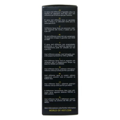 Caixa preta com texto multilíngue a descrever spray anal eXXtreme