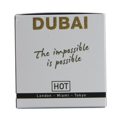 Embalagem branca com texto DUBAI, The impossible is possible, HOT e London - Miami - Tokyo