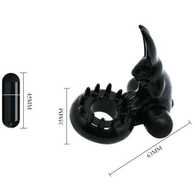 anel vibratório preto com figura de coelho e pilha AAA preta