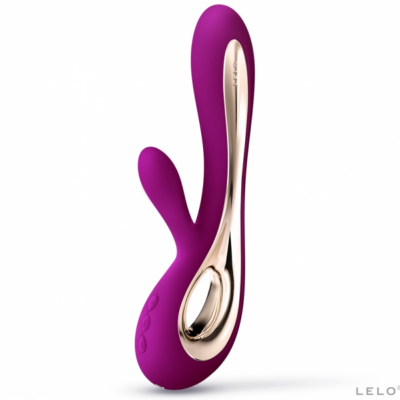 Vibrador roxo com detalhes dourados em fundo branco
