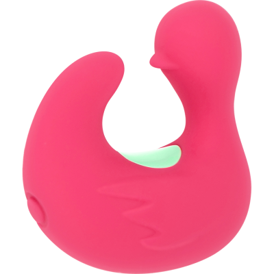Brinquedo ou objeto em forma de pato cor-de-rosa com interior verde menta em fundo branco