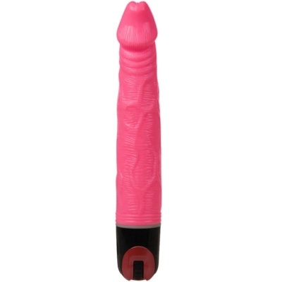 Vibrador rosa em silicone com base preta e botão vermelho