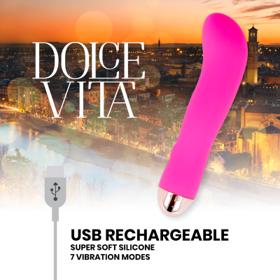 Vibrador rosa de silicone recarregável via USB com 7 modos de vibração.