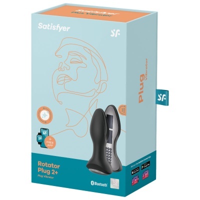 Caixa azul clara com texto Satisfyer Rotator Plug 2+ e imagem de plug preto com controles digitais