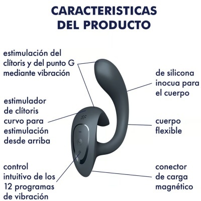 Produto vibrador preto em silicone com controle e descrição das funções em espanhol