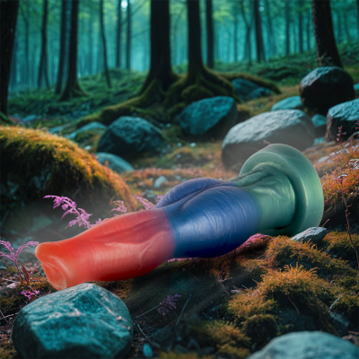 Objeto cilíndrico colorido sobre musgo e pedras na floresta