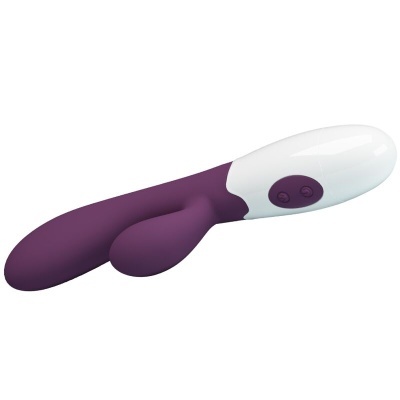 Vibrador duplo em silicone roxo com controlo branco e botões