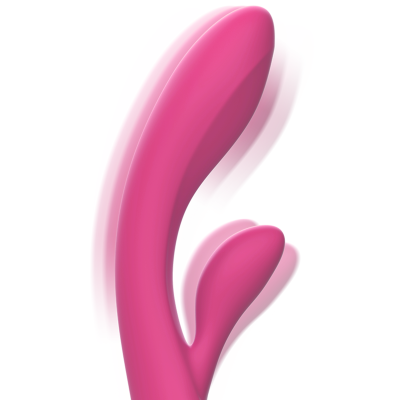 Vibrador rosa com design curvado para estimulação dupla, fundo branco.