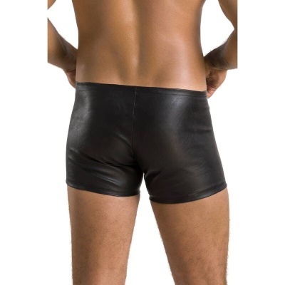 Cuecas justas masculinas pretas de couro, vista traseira