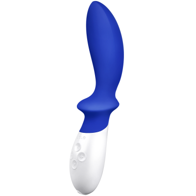 Vibrador azul com base branca e botões