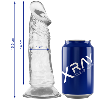 Dildo transparente realista ao lado de lata azul XRAY CLEAR DILDO.
