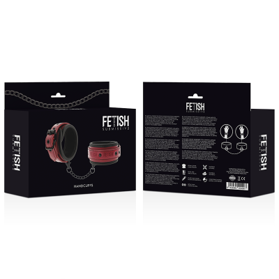 Embalagem de algemas vermelhas de couro sintético acolchoado preto da marca FETISH SUBMISSIVE