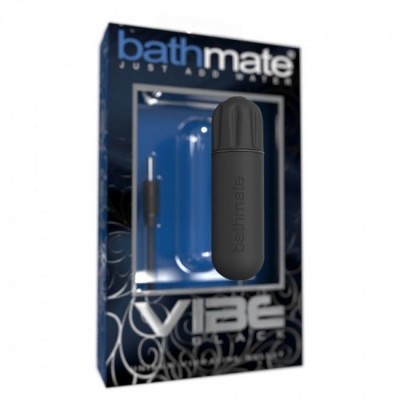 Dispositivo preto na embalagem preta com texto Bathmate e VIBE