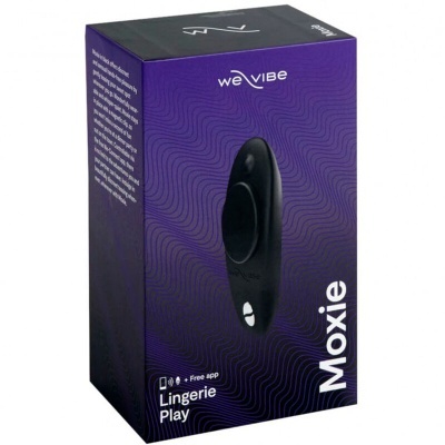Caixa de produto We-Vibe Moxie roxa com imagem do produto preto.