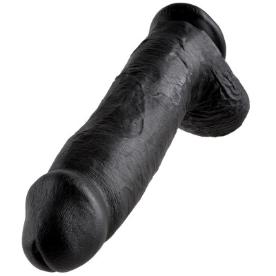 Dildo preto realista com base larga sobre fundo branco