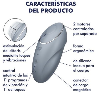 Dispositivo cinzento claro com texto em espanhol descrevendo características, incluindo estímulo do clítoris, controle de vibração, forma ergonómica e conector magnético.